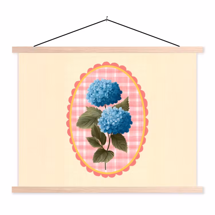 Bloemen - Blauw - Lijst - Bladeren textielposter latten blank klein -3d