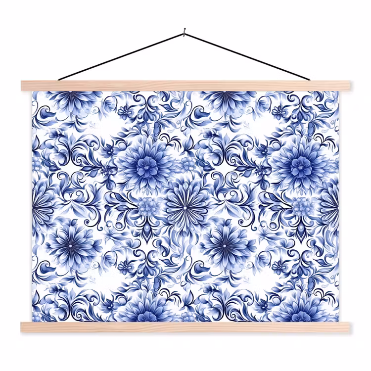 Bloemen - Blauw - Patroon - Wit textielposter latten blank klein 122 -3d