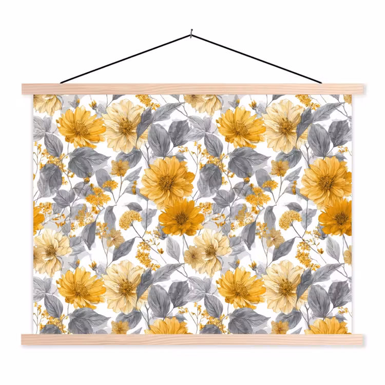 Bloemen - Botanisch - Elegant - Okergeel - Grijs textielposter latten blank klein 122 -3d