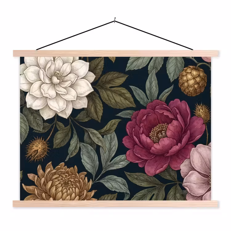 Bloemen - Botanisch - Illustratie - Donker - Vintage textielposter latten blank klein -3d