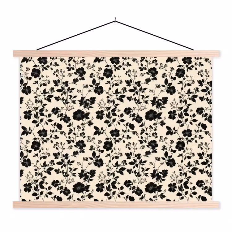 Bloemen - Dessin - Zwart textielposter latten blank klein 122 -3d