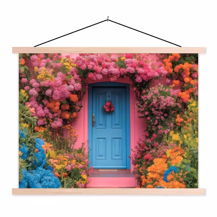 Bloemen - Deur - Roze textielposter latten blank klein -3d
