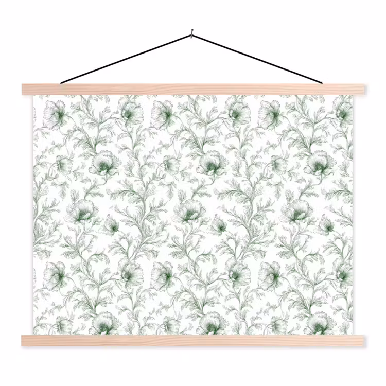 Bloemen - Getekend - Groen textielposter latten blank klein 122 -3d