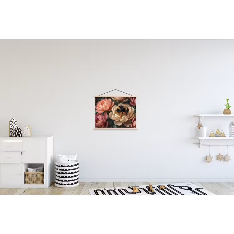 Bloemen - Insect - Natuur - Roze textielposter latten blank klein -kinderkamer