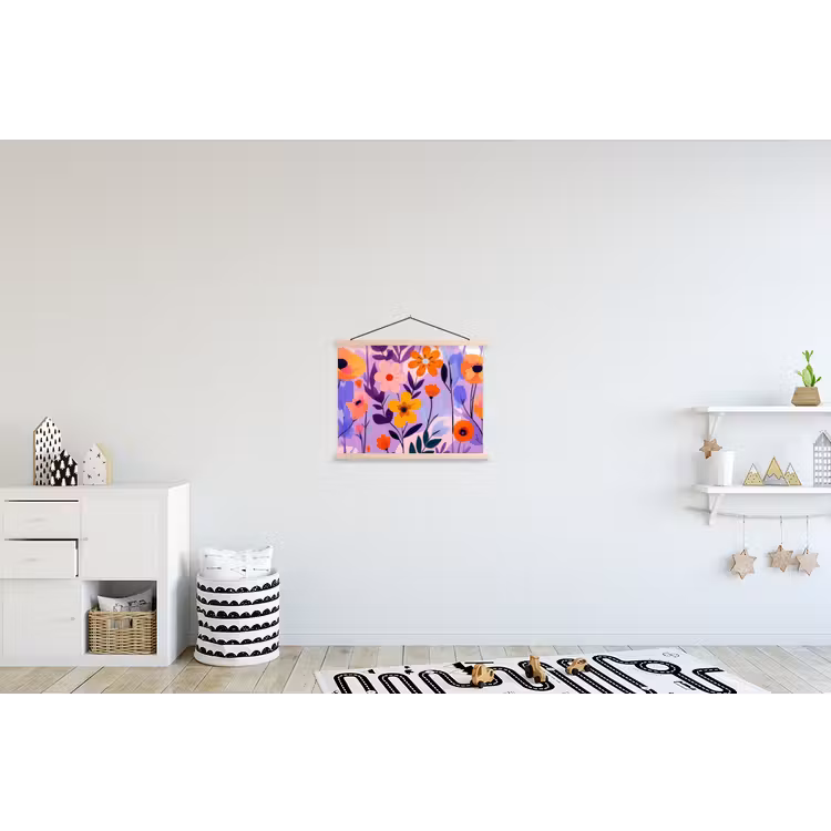 Bloemen - Kleurrijk - Bladeren textielposter latten blank klein -kinderkamer