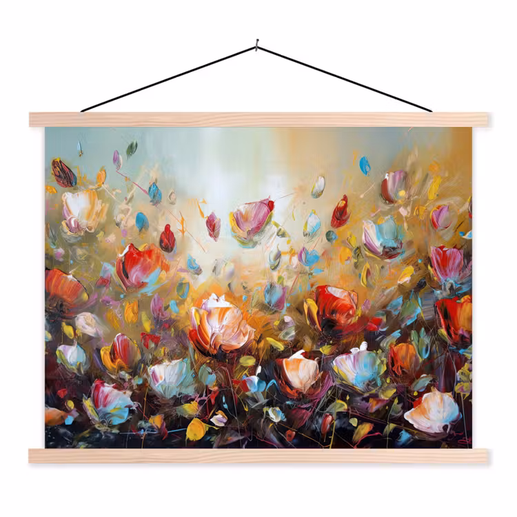 Bloemen - Kunst - Natuur - Olieverf textielposter latten blank klein -3d