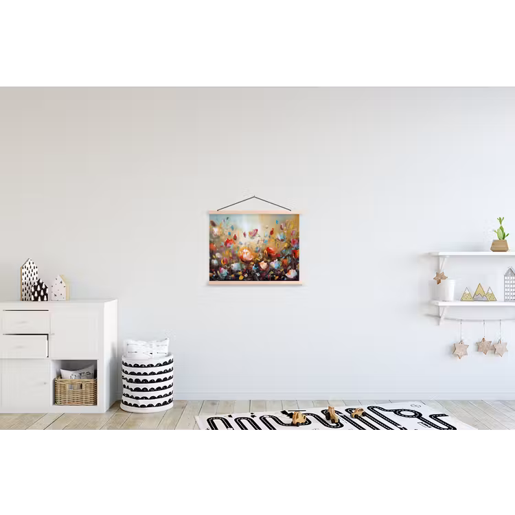 Bloemen - Kunst - Natuur - Olieverf textielposter latten blank klein -kinderkamer
