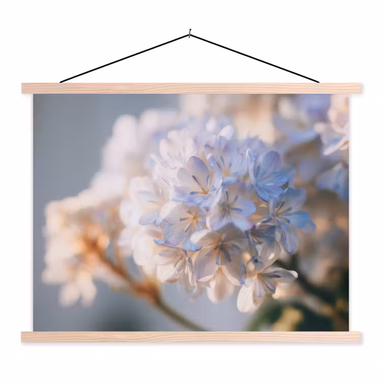 Bloemen - Lichtblauw - Wazig - Trosje textielposter latten blank klein -3d