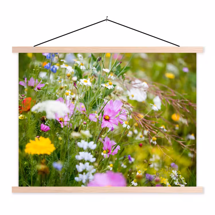 Bloemen - Natuur - Groen - Gras - Paars - Wit textielposter latten blank klein -3d