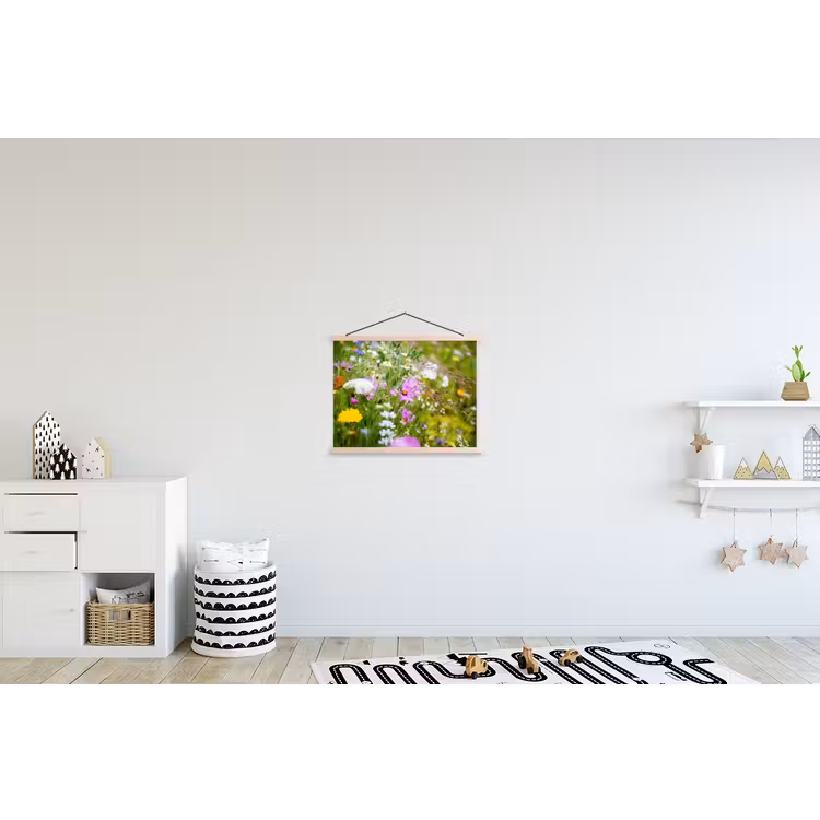 Bloemen - Natuur - Groen - Gras - Paars - Wit textielposter latten blank klein -kinderkamer