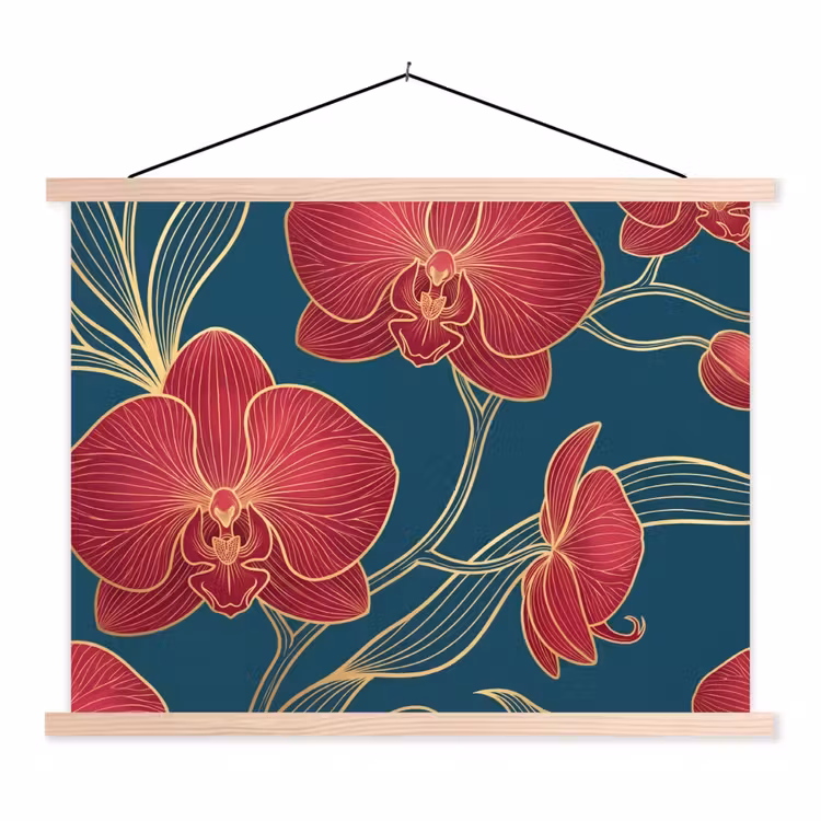 Schoolplaat - Bloemen - Rood - Goud - Bloemen - Rood - Goud textielposter latten blank klein