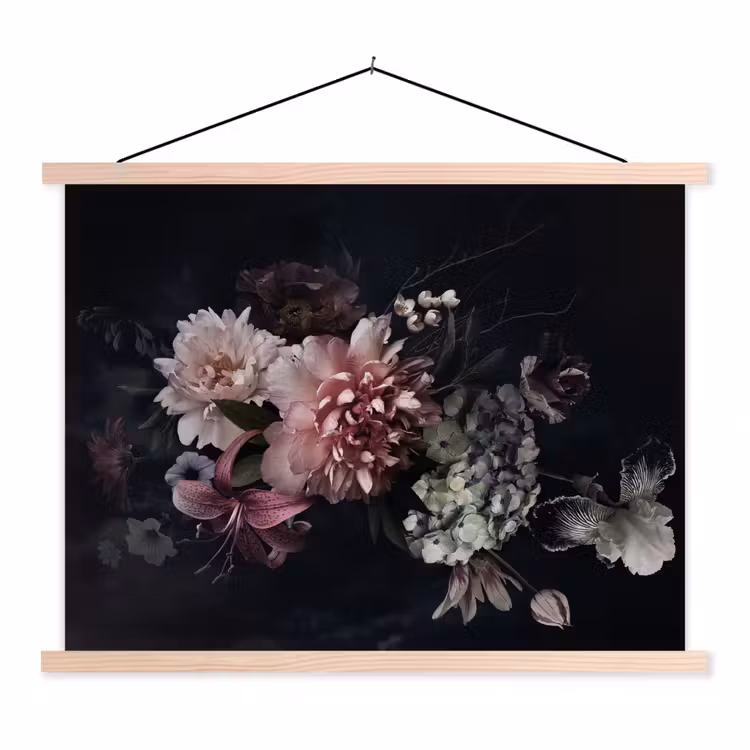 Bloemen - Vintage - Pastel - Zwart - Boeket textielposter latten blank klein -3d