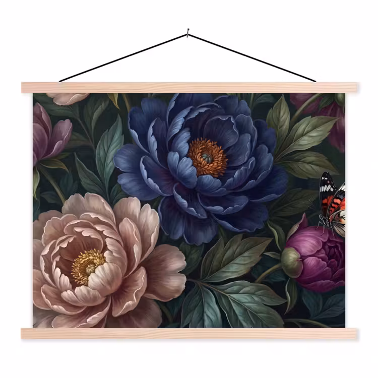 Bloemen - Vlinder - Natuur - Modern - Paars textielposter latten blank klein -3d