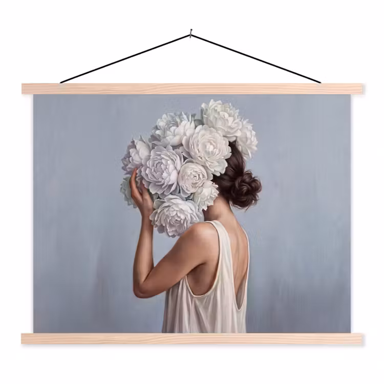 Bloemen - Vrouw - Wit textielposter latten blank klein -3d
