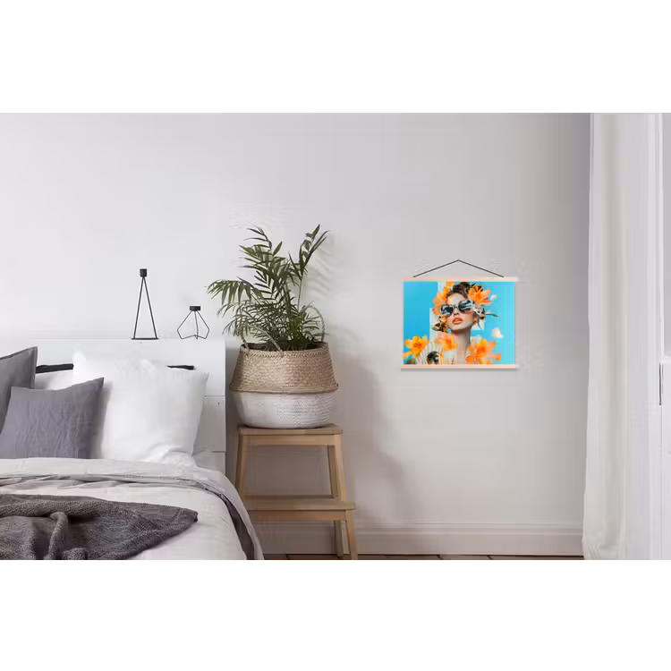 Bloemen - Vrouw - Zonnebril - Blauw textielposter latten blank klein -woonkamer