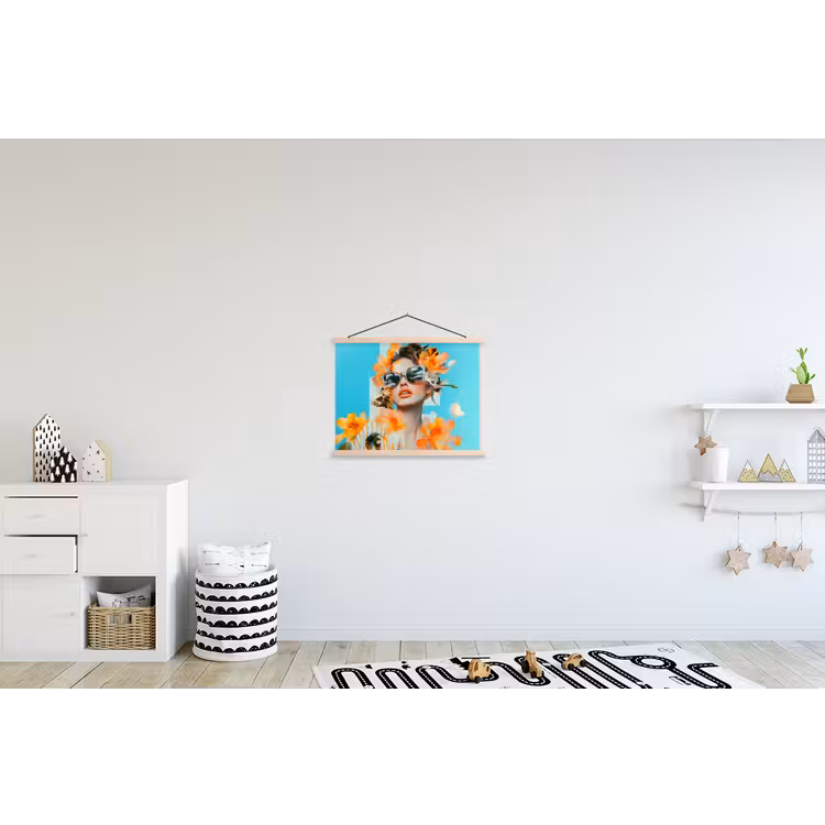 Bloemen - Vrouw - Zonnebril - Blauw textielposter latten blank klein -kinderkamer
