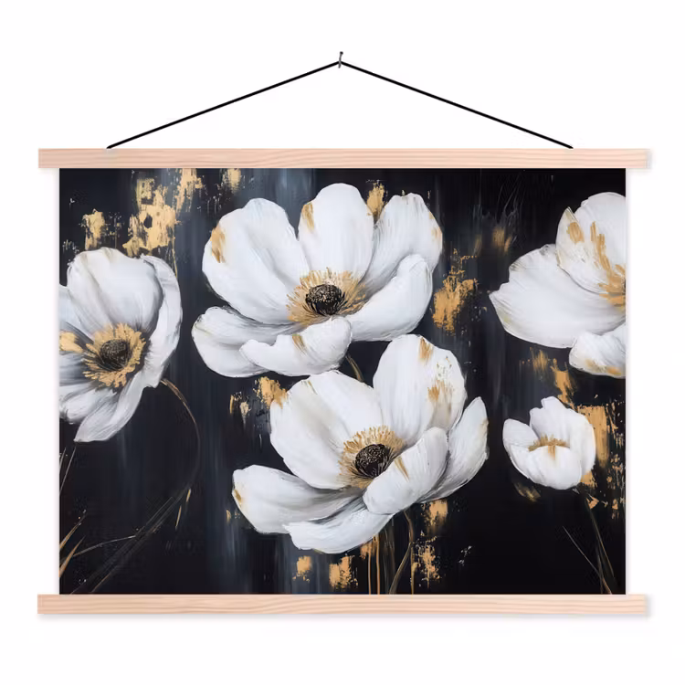 Bloemen - Wit - Abstract textielposter latten blank klein -3d