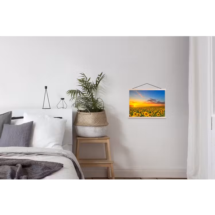 Bloemen - Zonnebloem - Zonsondergang - Nacht - Oranje textielposter latten blank klein -woonkamer