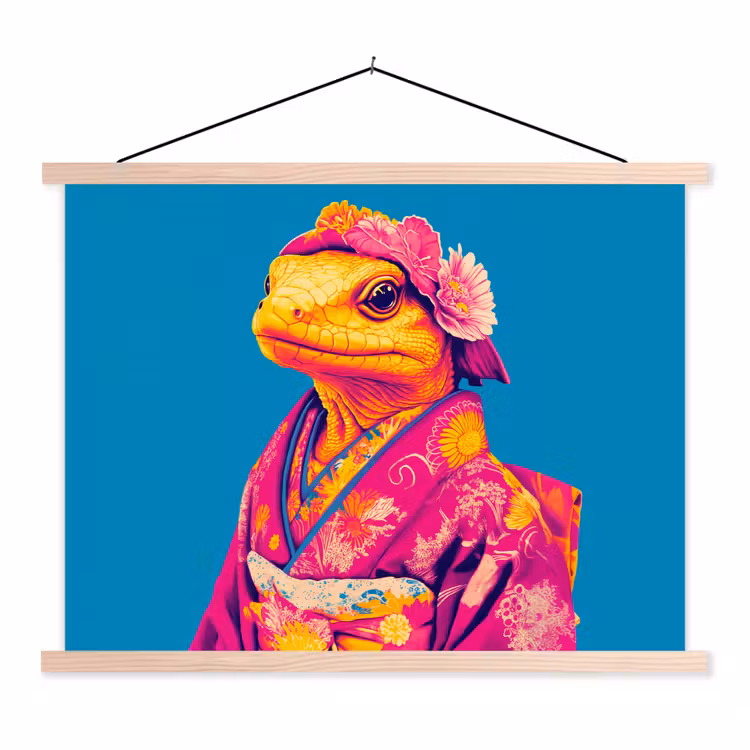 Bloemenkrans - Hagedis - Kimono - Paars textielposter latten blank klein -3d