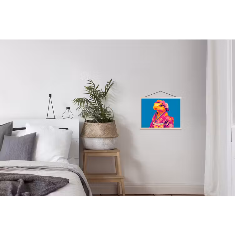 Bloemenkrans - Hagedis - Kimono - Paars textielposter latten blank klein -woonkamer