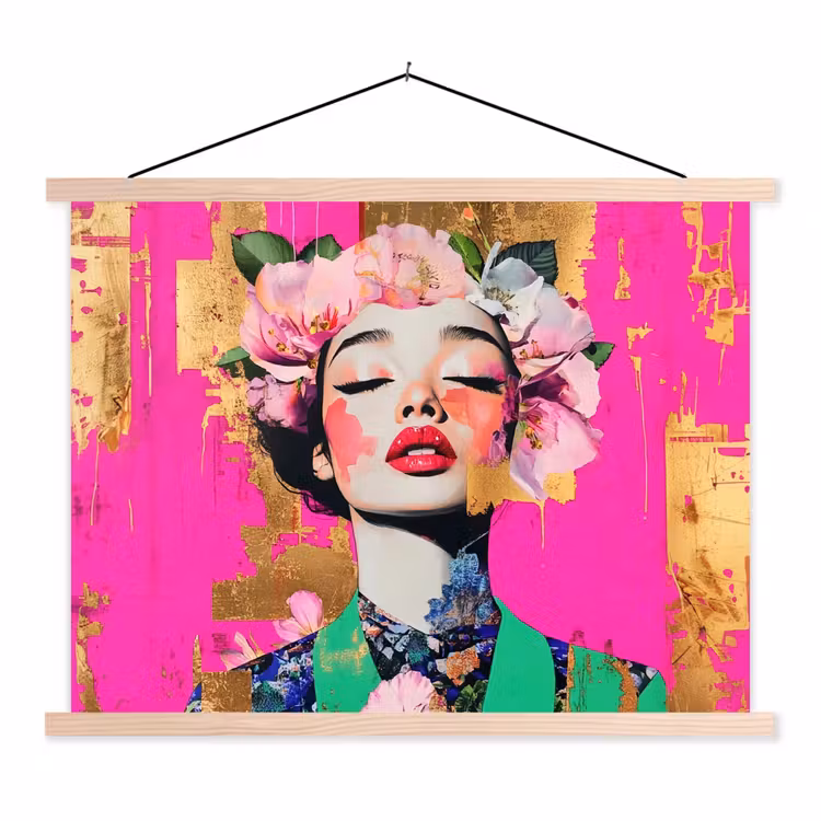Bloemenkroon - Goud - Vrouw - Portret textielposter latten blank klein -3d