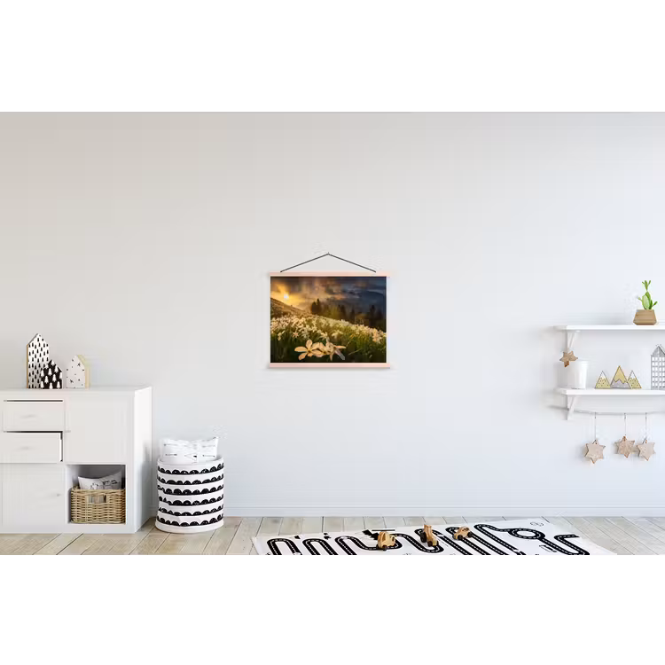 Bloemenveld - Heuvels - Zonsondergang - Berg - Natuur - Wit - Heuvels textielposter latten blank klein -kinderkamer