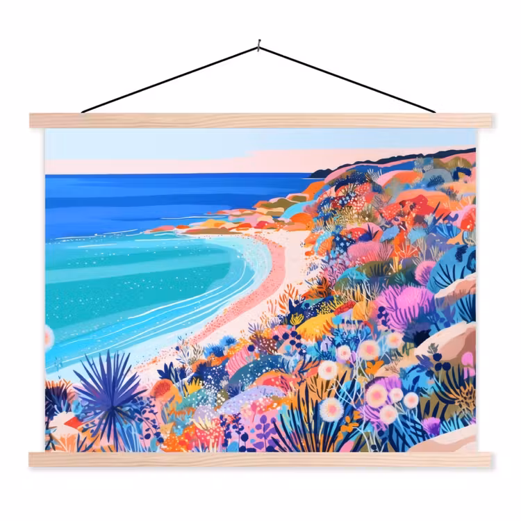 Bloemenweide - Zee - Zomers textielposter latten blank klein -3d