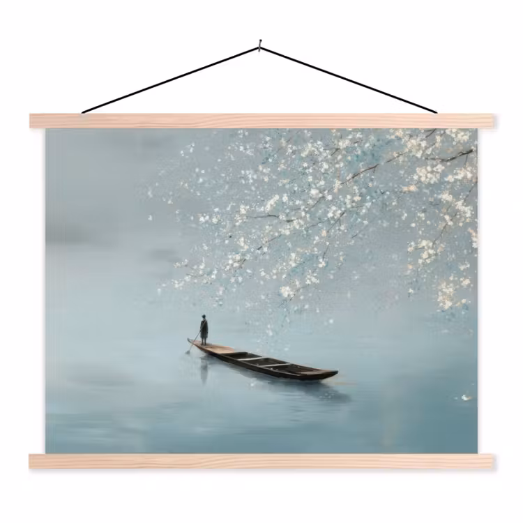 Bloesems - Minimalistisch - Wateroppervlak - Boot textielposter latten blank klein -3d