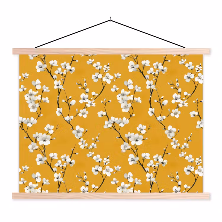 Bloesemtak - Aquarel - Geel textielposter latten blank klein 122 -3d