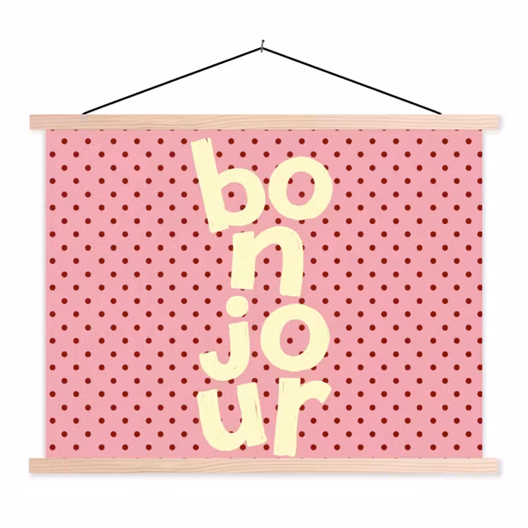 Bonjour - Stippen - Roze- Geel textielposter latten blank klein -3d