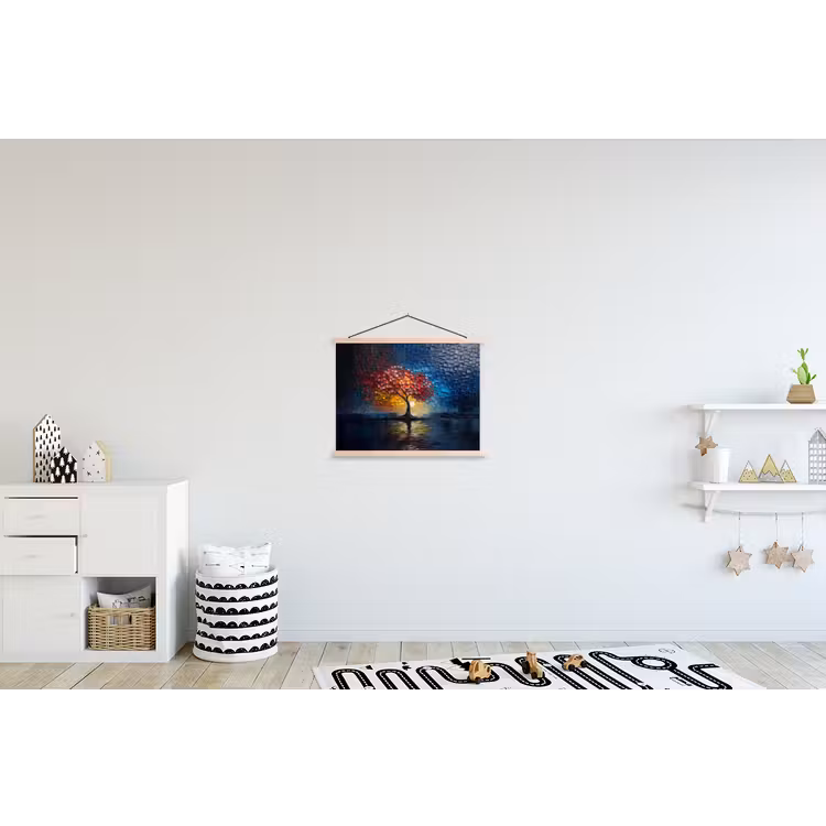Boom - Blauw - Bladeren - Vakken textielposter latten blank klein -kinderkamer