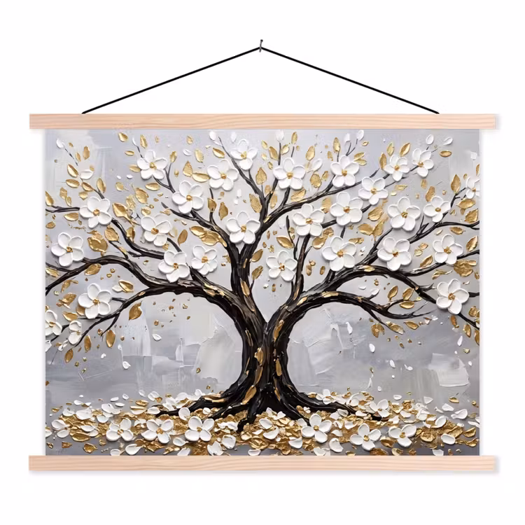 Boom - Bloemen - Natuur - Abstract - Wit textielposter latten blank klein -3d