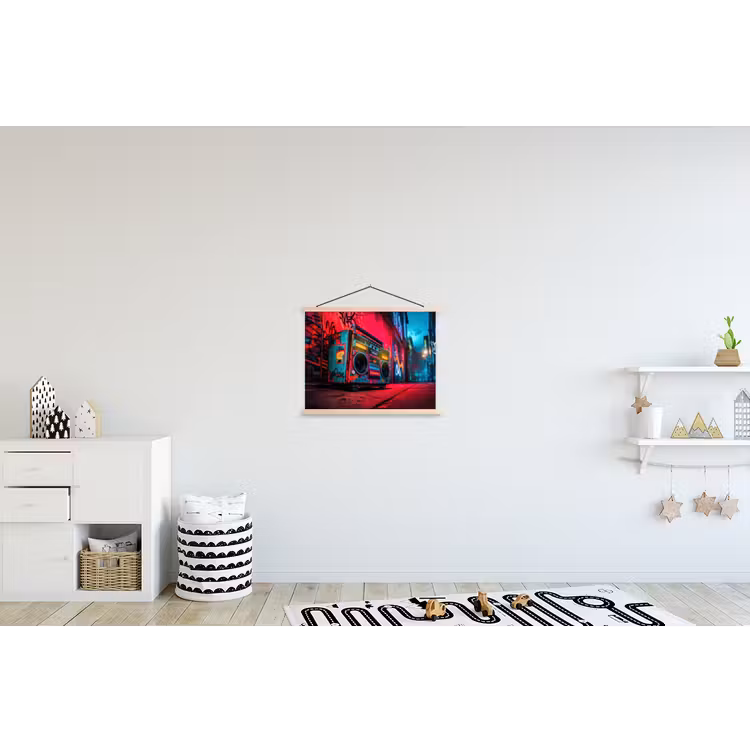 Boombox - Rood - Graffiti - Neon textielposter latten blank klein -kinderkamer