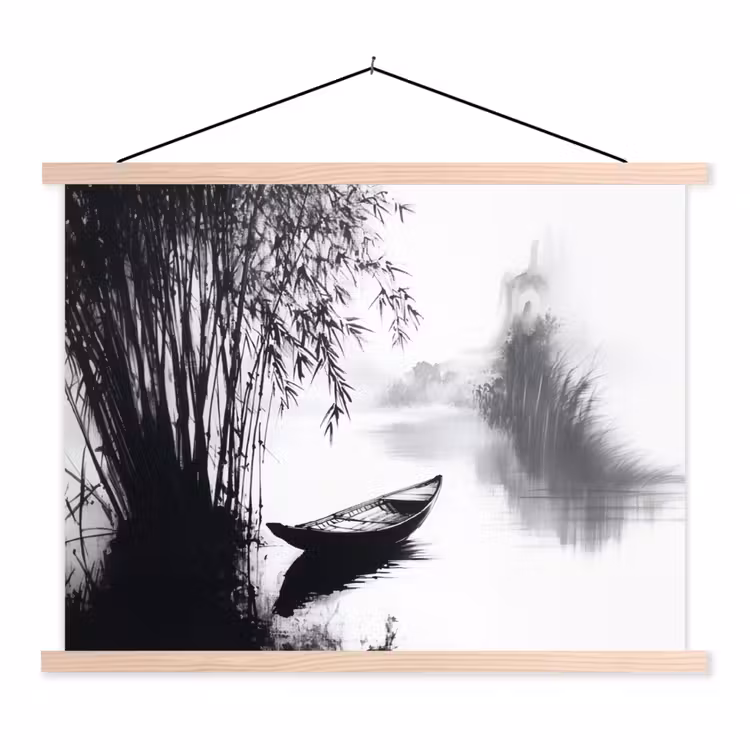 Boot - Rivier - Bamboe - Wit textielposter latten blank klein -3d