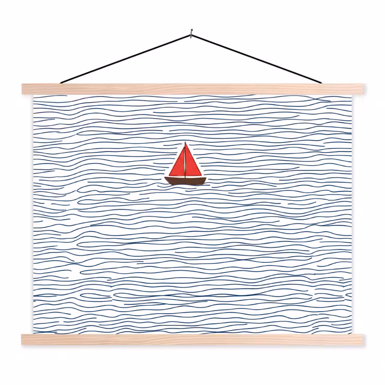 Boot - Water - Rood - Illustratie - Minimalistisch textielposter latten blank klein -3d