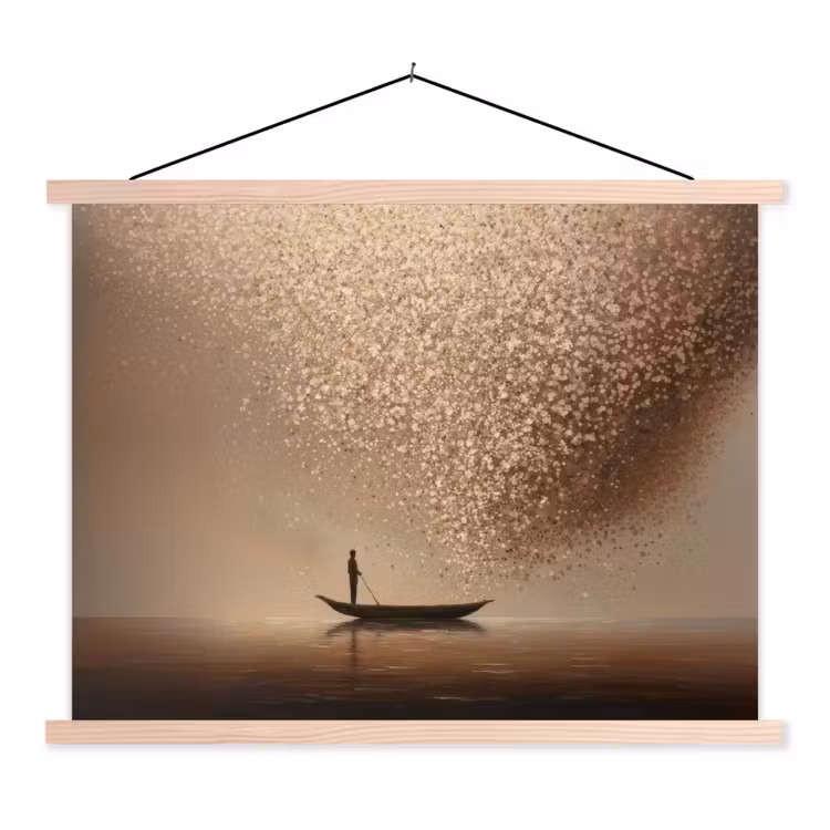 Bootje - Blaadjes - Goud - Water textielposter latten blank klein -3d