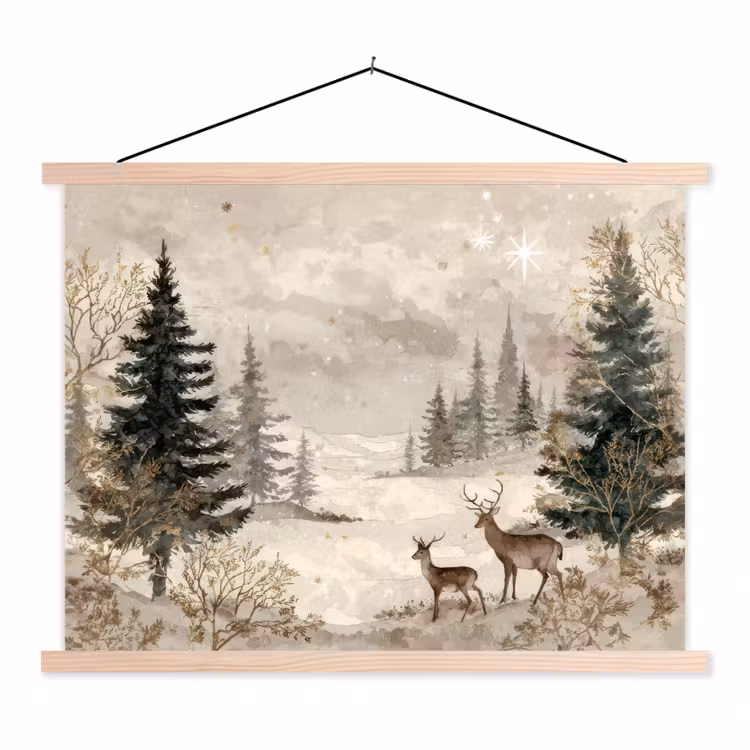 Bos - Herten - Winter - Sneeuw textielposter latten blank klein -3d