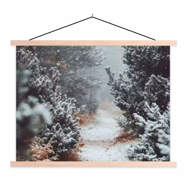 Bos - Winter - Bomen - Natuur - Pad - Sneeuw textielposter latten blank klein -3d
