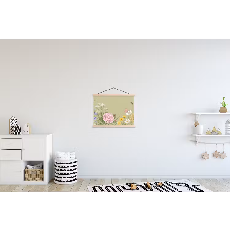 Botanisch - Bloemen - Kleurrijk textielposter latten blank klein -kinderkamer