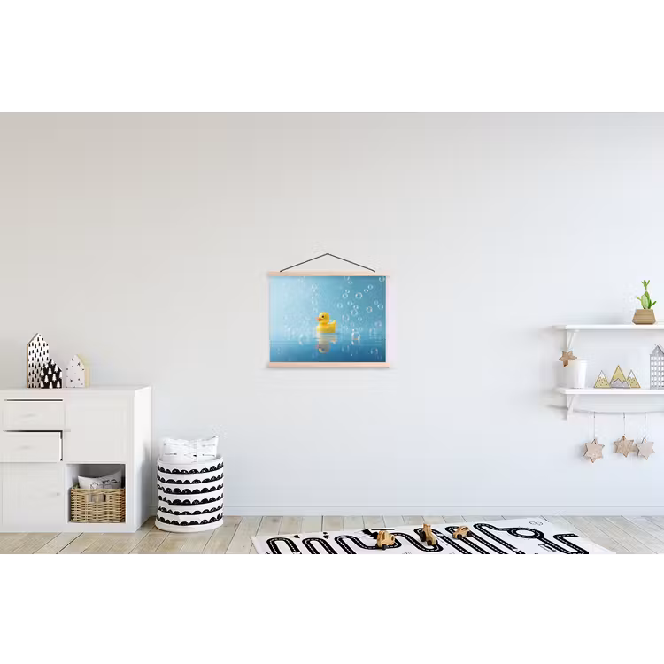 Bubbels - Badeend - Geel textielposter latten blank klein -kinderkamer