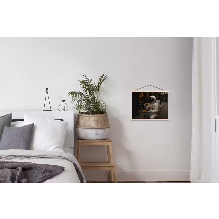 Café - Croissant - Koffie - Astronaut textielposter latten blank klein -woonkamer