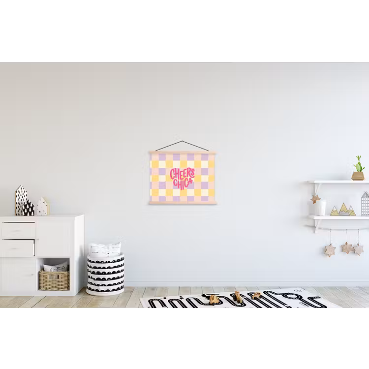 Cheers Chica - Ruitjes - Lila - Geel textielposter latten blank klein -kinderkamer