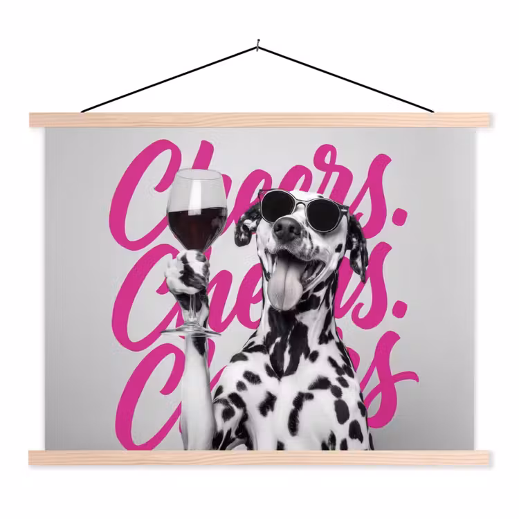 Cheers - Hond - Roze - Wijn textielposter latten blank klein -3d