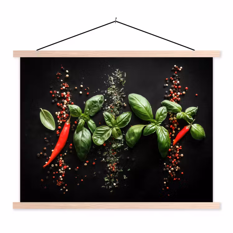 Chilipepers - Basilicum - Blaadjes - Rood textielposter latten blank klein -3d