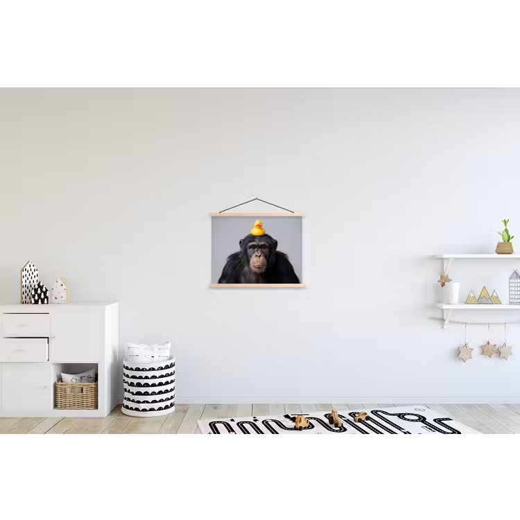 Chimpansee - Badeend - Grijs textielposter latten blank klein -kinderkamer