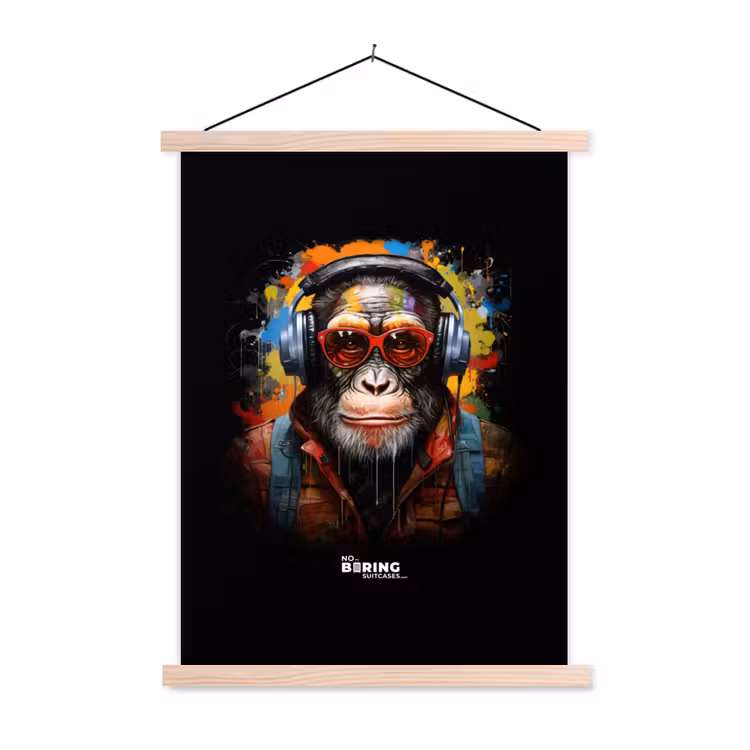 Chimpansee met koptelefoon en graffiti-spray textielposter latten blank klein -3d
