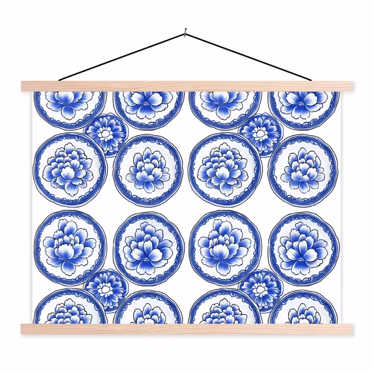 Cirkels - Bloemen - Blauw textielposter latten blank klein 122 -3d