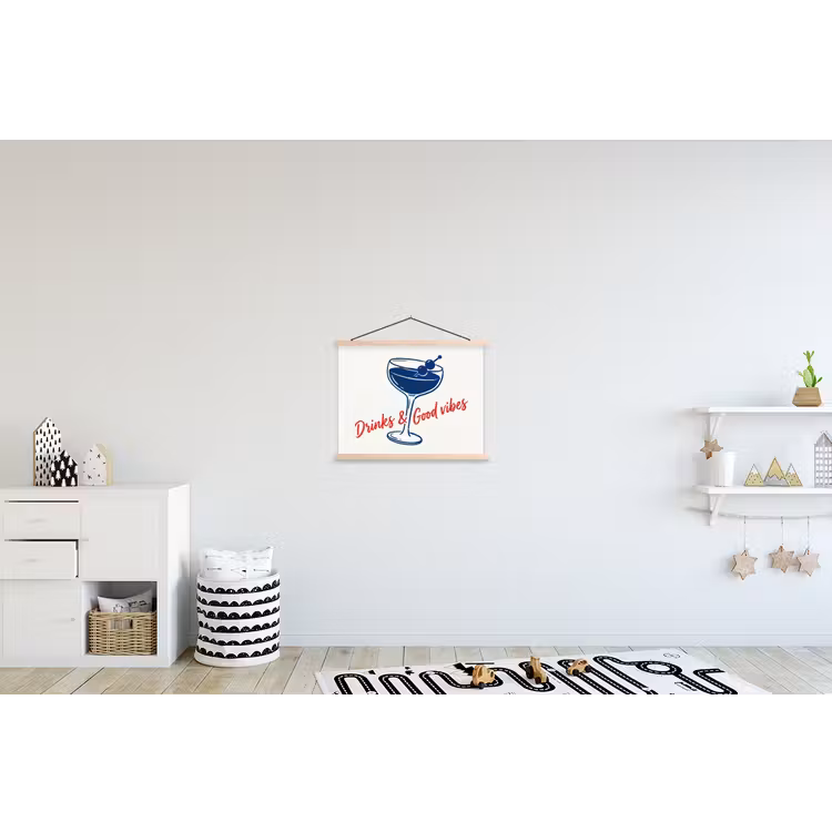 Cocktail - Glas - Illustratie - Blauw - Wit textielposter latten blank klein -kinderkamer