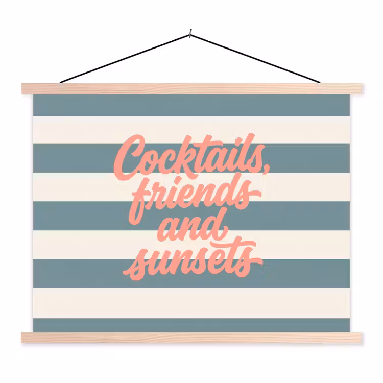 Cocktails - Strepen - Blauw - Koraal textielposter latten blank klein -3d