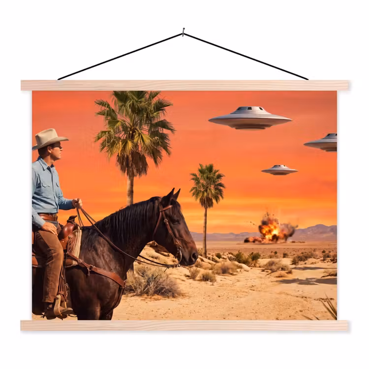 Schoolplaat - Cowboy - Paard - Woestijn - Cowboy - Paard - Woestijn textielposter latten blank klein